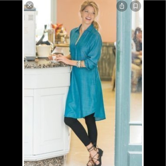 Soft Surroundings Tunic Dress Any Day Teal Chambray Collar Shirt Legging Blue XS - Picture 1 of 8